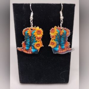 Earrings Western Cowboy Boots Sunflower Dangle New f68